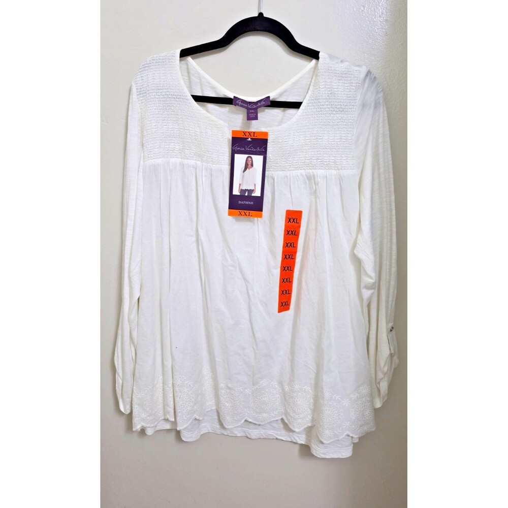 NWT Gloria Vanderbilt Daphne Boho White V-Neck 3/4 Sleeve Embroidered Blouse 2XL